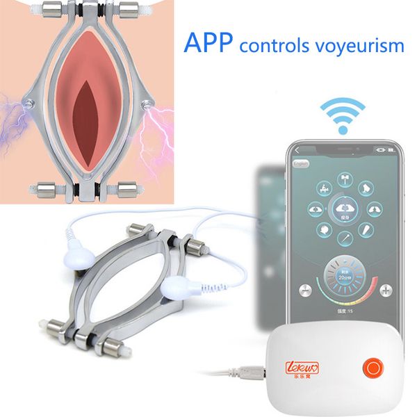 App Scossa elettrica Labbra Clip Morsetti per clitoride Stimolatore Peeping Speculum della vagina Giocattoli del sesso Bondage BDSM per coppie che flirtano il gatto Y201118