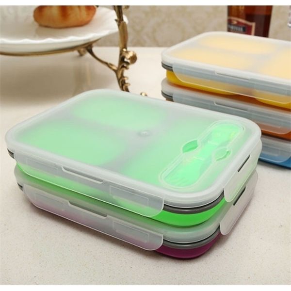

collapsible silicone lunch 3 sections 1350ml portable bowl box folding outdoor picnic food storage container
