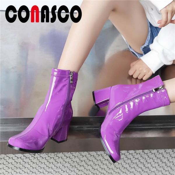

boots conasco autumn winter women ankle 2021 est fashion concise patent leather thick heels casual short woman1, Black