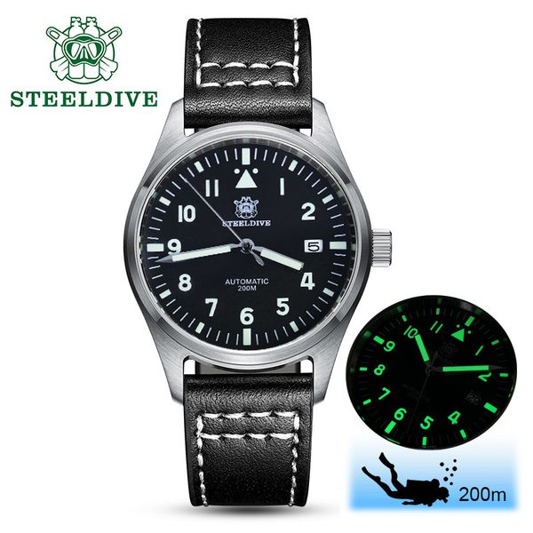

steeldive 1940 автоматические часы мужчины nh35a пилотные часы 316l стальные часы c3 светодиодные автоматические наручные часы tiver switch, Slivery;brown