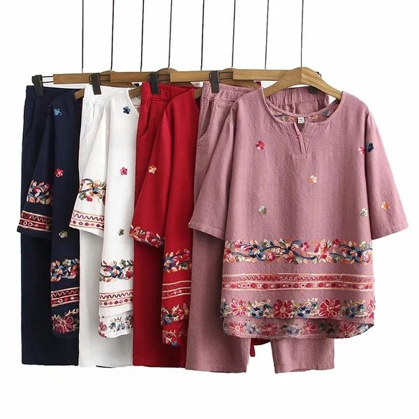 

floral plus female size embroidered 2 buns define casual half sleeve + elastic waist ankle summer pants wctg, Gray