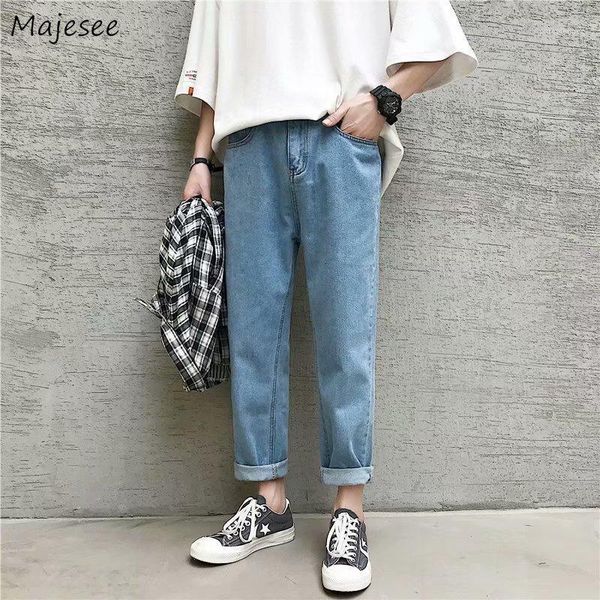 

men jeans plus size 4xl solid straight loose teens baggy chic leisure all-match simple korean style ankle length denim cowboy1, Blue