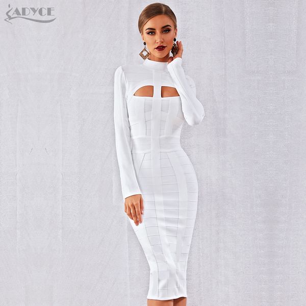 

adyce 2020 new autumn women white bodycon bandage dress long sleeve hollow out club celebrity evening party dress vestidos lj201204, Black