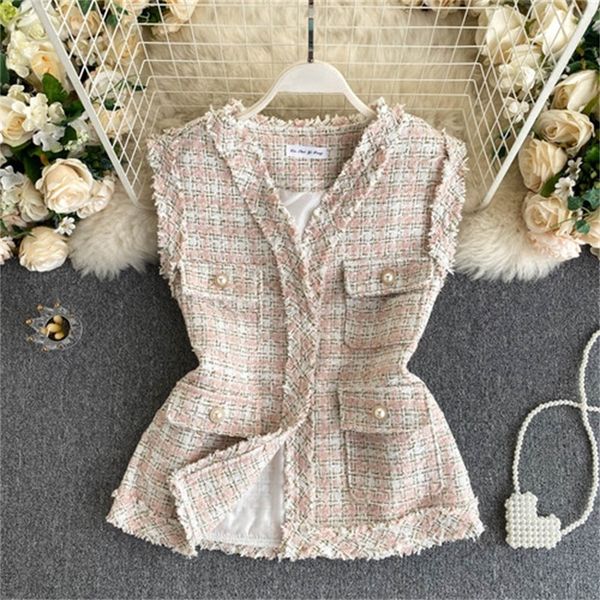 

2021 new new ladies' temperament, and fragrant tweed jacket, ladies retro tooling, big pockets, short waistcoat, vest 28ou, Black;white
