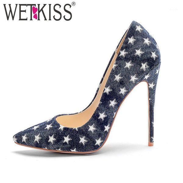 

wetkiss thin high heels women pumps denim shallow footwear slip on pointed toe footwear autumn fashion party 2021 lady shoes1, Black