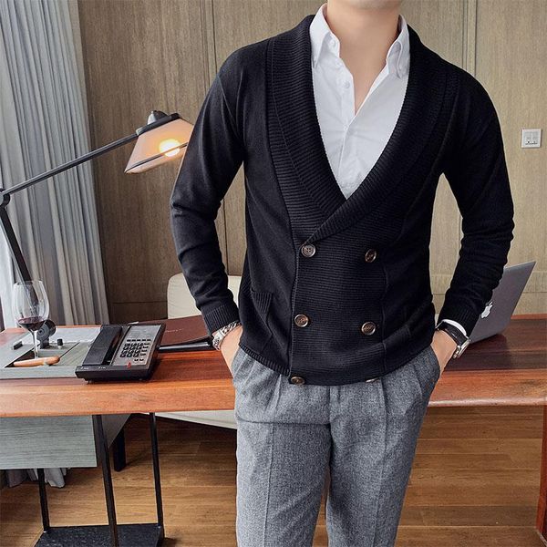 

winter knitted men new fashion sweater men clothing double breasted casual business slim fit sweater male, White;black