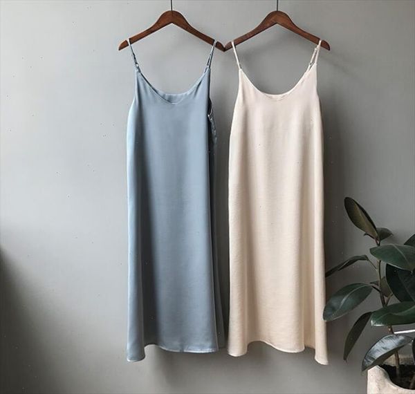 

2021 women summer satin dress shiny sundress vintage imitation silk dress korean fashion drop shipping, Black;gray