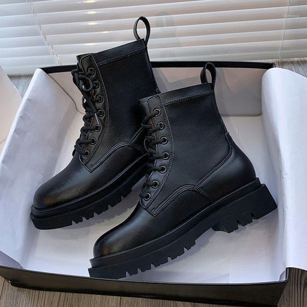 

motorcycle boots women shoes real leather flat platform mid-calf boots round toe lace up short lady winter1, Black