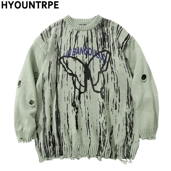 

men hip hop sweater pullover streetwear destroy ripped hole knitted graffiti sweater retro vintage autumn winter sweaters cotton, White;black