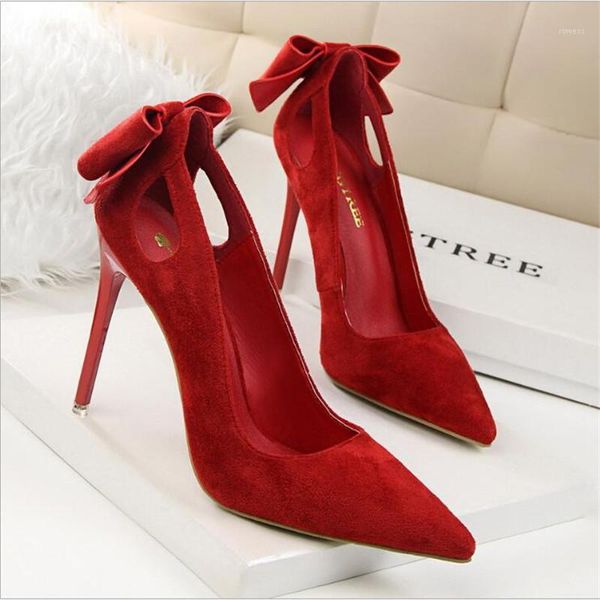 

cut-outs sweet bowtie women pumps new arrival concise solid flock pointed toe shallow high heels women shoes size 34-401, Black