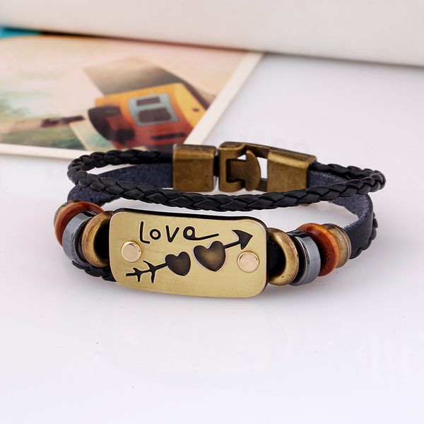 

personality leather casual alloy men love heart pu woven beaded women vintage punk bracelet lovers fashion jewelry, Golden;silver