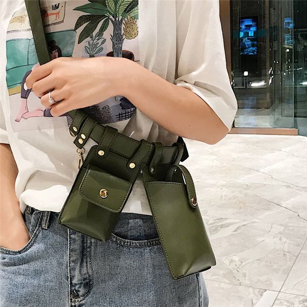 

fashion punk running waist pack 2pcs women waist bag keychain casual female solid color pu leather chest sport crossbody bag