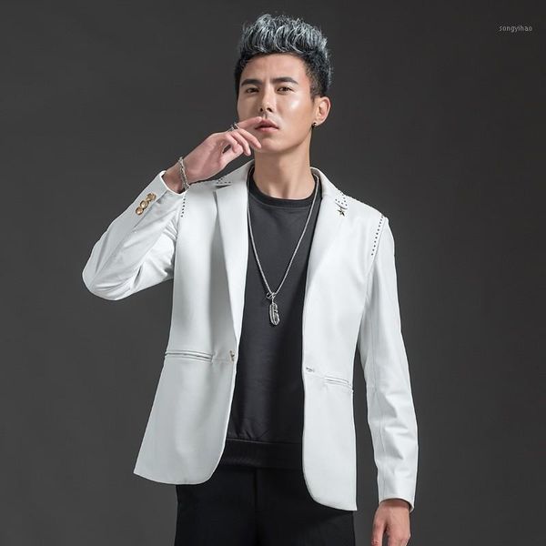 

brand genuine leather men luxury lapel slim fit business cowhide suit jacket fashion single button white blazer plus size1, Black