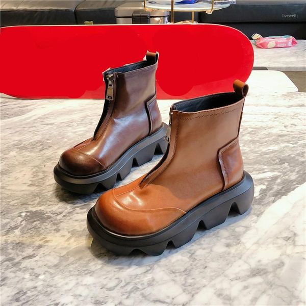 

boots deat 2021 spring autumn fashion casual solid color thick muffin bottom leather single shoes women short sf2801, Black