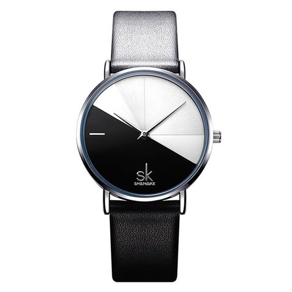 

women shengke watch fashion bracelet watches for ladies 001 quartz movement leather strap pin buckle analog dial face high quality, Slivery;brown