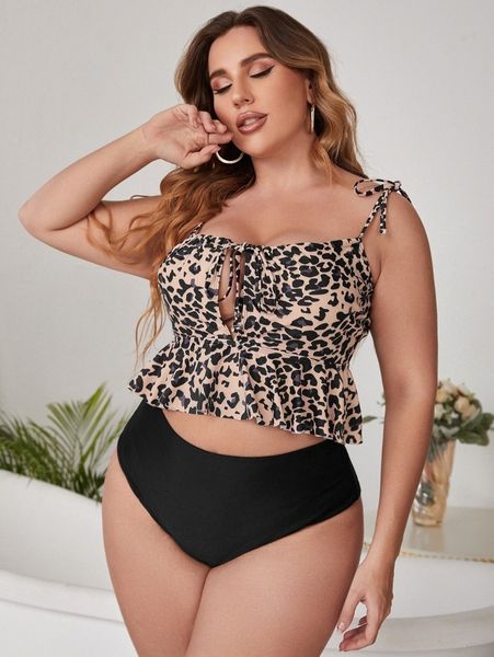 

plus leopard ruffle hem bikini swimsuit w5ap#, Black
