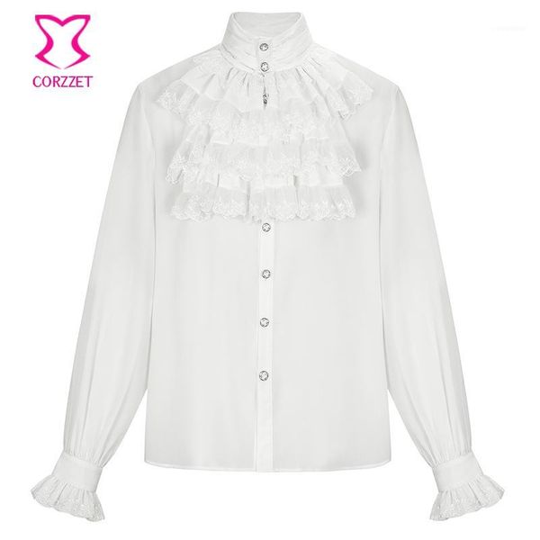 

white chiffon&lace layered ruffles stand collar lantern sleeve victorian shirt men medieval costume vintage gothic clothing 6xl1, White;black