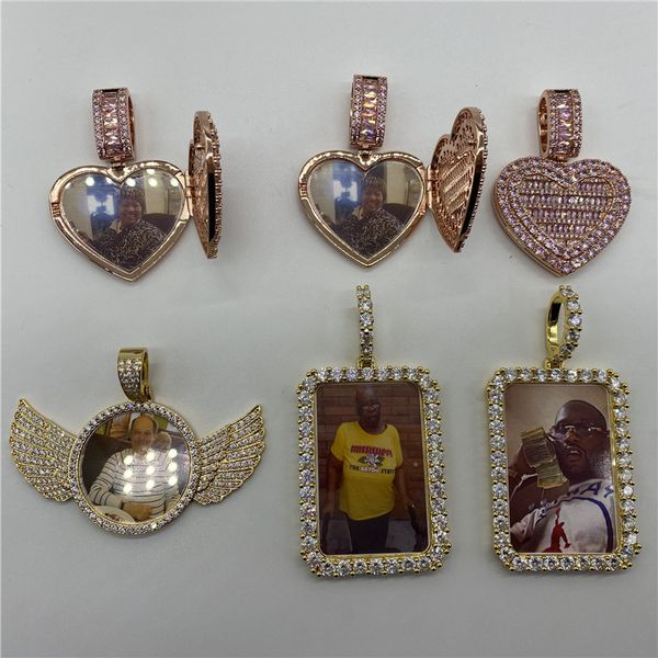 Ciondolo con foto personalizzata a forma di cuore in oro rosa ghiacciato Collana con medaglione di zirconi Collana con ciondolo di zirconi cubici Gioielli di moda hip-hop Can B