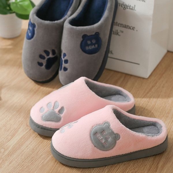 

cute bear women winter home slippers cartoon embroidery slip on warm men ladies boys girls house shoes indoor bedroom zapatillas y201026, Black
