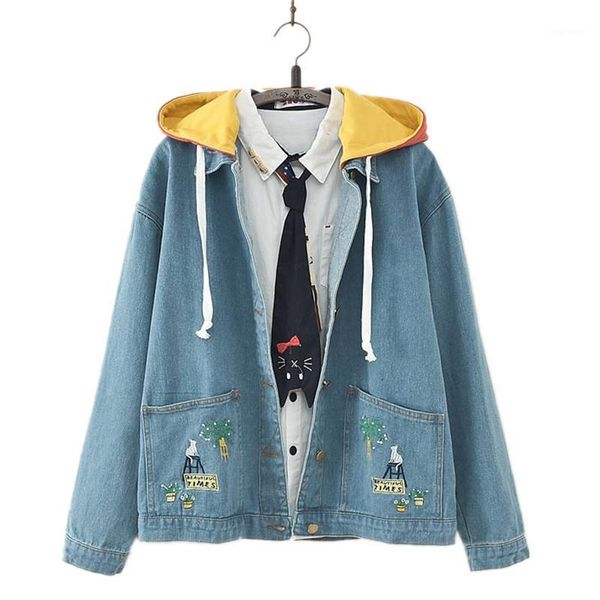 

autumn vintage denim jacket women harajuku bf jeans jacket long sleeve loose casual basic coats fashion streetwear floral1, Black;brown