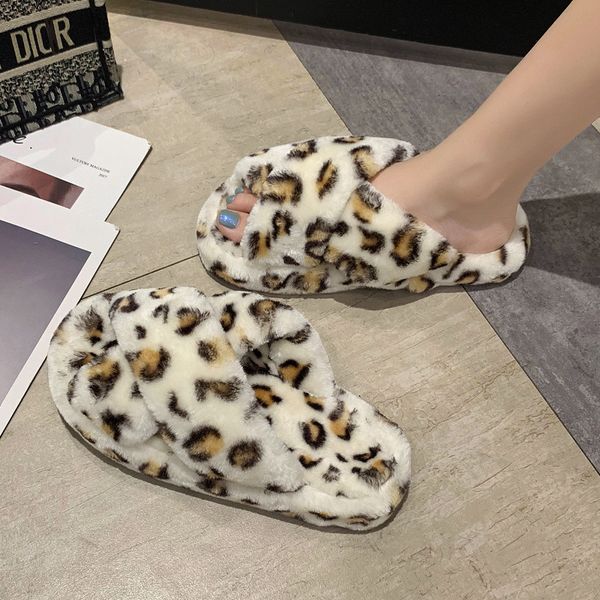 

women leopard slippers house fur warm winter fluffy home slides shoes fashion cross non slip flat women bedroom indoor slippers x1020, Black