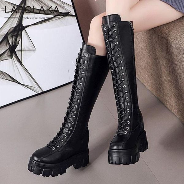

lapolaka 2021 high heels comfortable motorcycle boots woman shoes platform zip up cross-tied knee high boots1, Black
