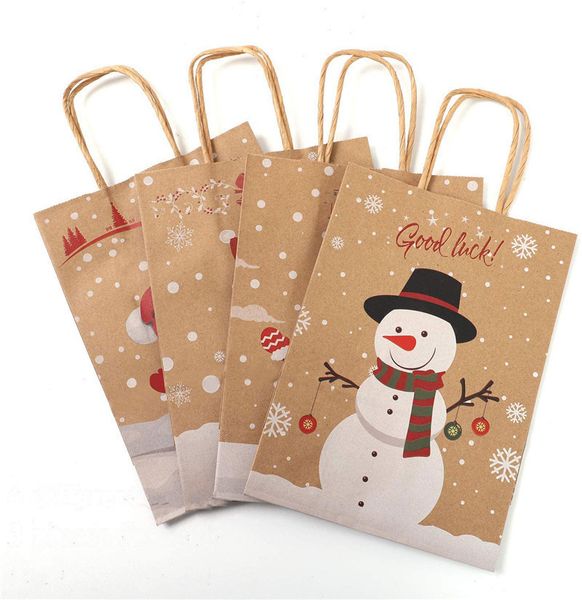 

christmas kraft paper packaging bag merry christmas goodie bags diy gift snowman printed portable paper bag with handle bulk