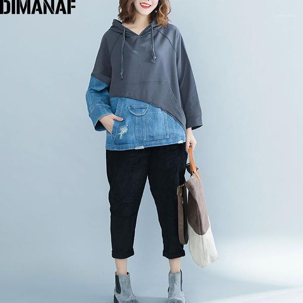 

dimanaf women hoodies sweatshirts autumn winter thicken female clothes vintage pullover loose plus size denim spliced 20201, Black