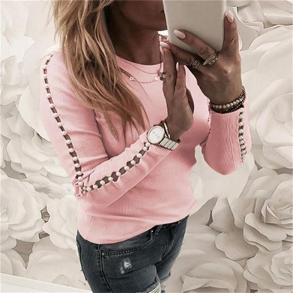 

women ladies autumn t shirt long sleeve loose rhinestones tee slim elegant crew neck casual1, White