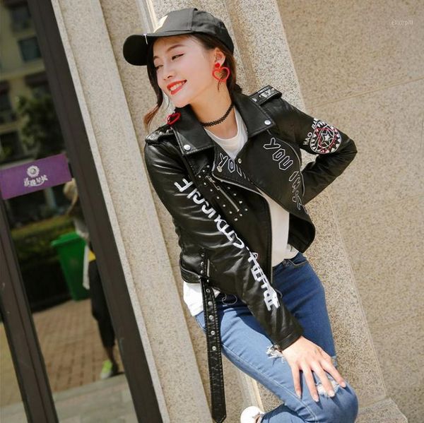 

women spring autumn soft leather short coats black pu rivet zipper 3d printing motorcycle streetwear female leather jacket k12961