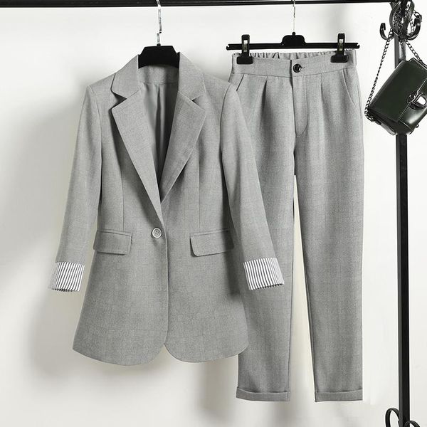 

women's two piece pants business wear suit two-piece temperament long sleeve plaid ladies jacket casual trousers office, White