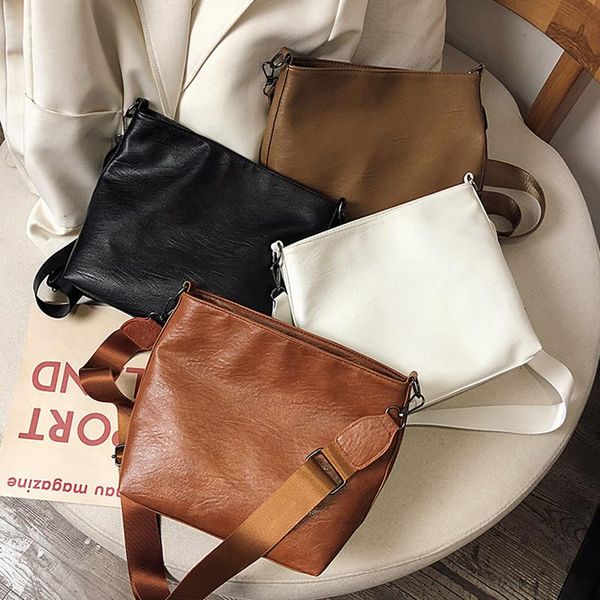 

cross body vintage solid women crossbody messenger bag pu leather soft flap bucket lady shoulder female fashion handbag 2021