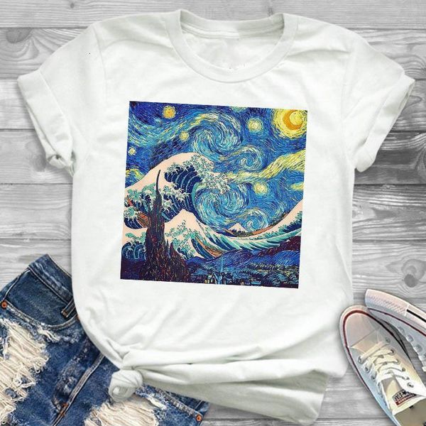 

women lady t shirt star night oil painting print tshirt ladies short sleeve tee shirt women female clothes graphic t-shirt, White