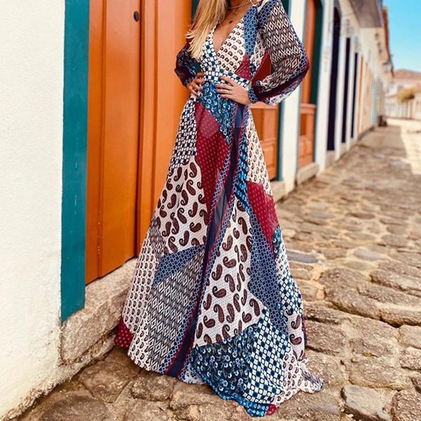 

women ladies bohemian maxi dress long sleeve deep v neck back hollow out printed beach long dress for vacation traveling, Black;gray