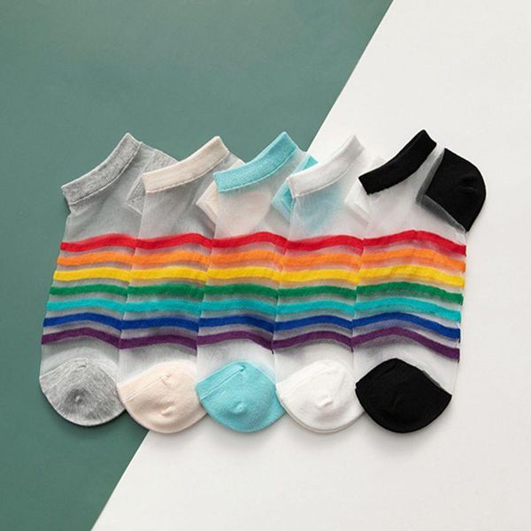 

socks & hosiery breathable ultra thin summer women rainbow short female sox lace stripe boat low cotton splice transparent1, Black;white
