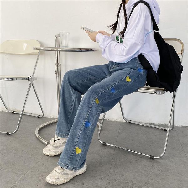 

2020 autumn heart embroidery straight jeans harajuku high waist wide leg loose pants denim grunge vintage trousers, Blue