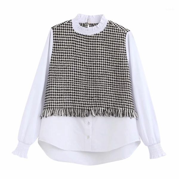 

2020 women vintage tweed woolen patchwork blouse retro women chic pleated stand collar shirt basic femininas chemise ls61951, White