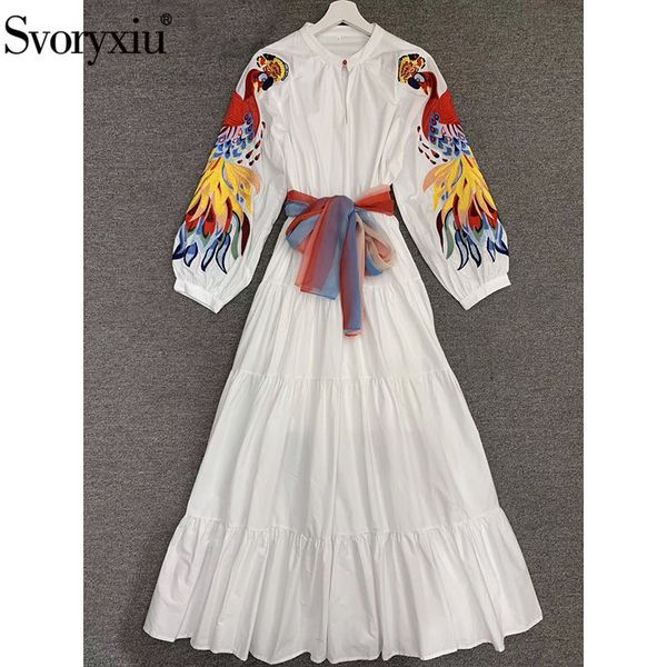 Svoryxiu Nuovo colorato ricamo patchwork bianco maxi vestito O collo manica lanterna autunno inverno abiti firmati Vestdios 201029