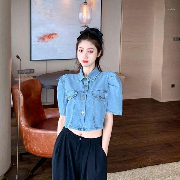 

thin denim shirt women's design sense niche bubble sleeve summer 2020 new retro short shirt trend1, White