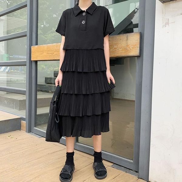 

loose personality ruffles dress patchwork fashion loose women clothes 2020 summer new turn down collar elegant dress zll49751, Black;gray