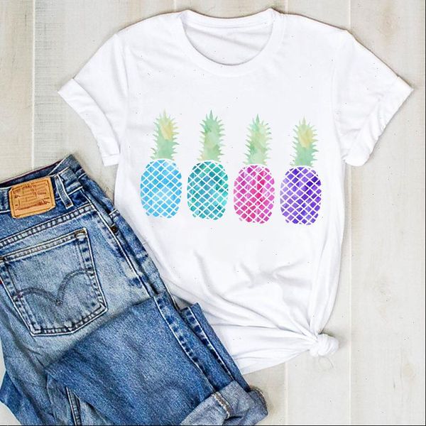 

women pineapple plaid watercolor print fruit beach ladies summer t tee tshirt womens female shirt clothes graphic t shirt, White