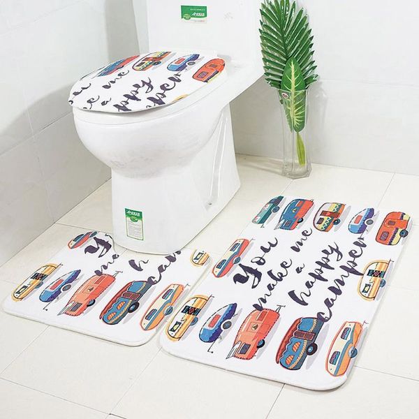 

bath mats mat 3 set cartoon bus pattern toilet lid cover foot pad non-slip absorbent bathroom door flannel soft rug carpet