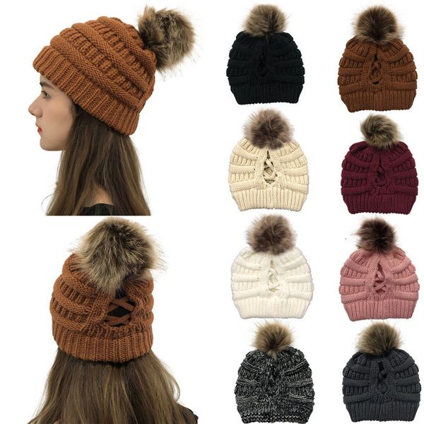 

beanies 8 color criss women pom girl winter knitted hats outdoor ponytail beanie detachable pompom warm hat knit cross t