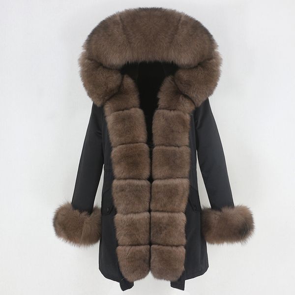 

oftbuy 2020 fashion winter jacket women real fur coat natural real fox fur collar loose long parkas big fur outerwear detachable lj201202, Black