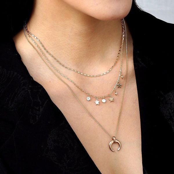 

pendant necklaces stars and moon tassel multilayer necklace creative retro simple three layered alloy clavicle choker chain1, Silver
