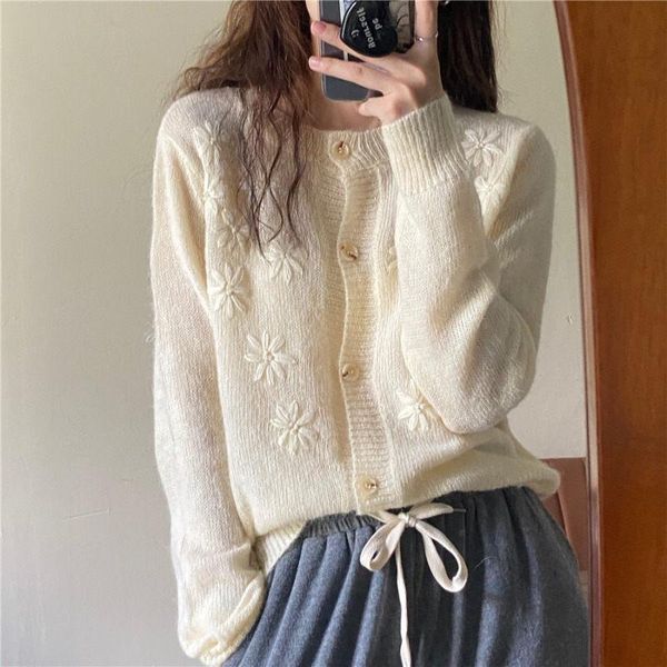 

2020 autumn new sweet embroidery flowers soft waxy mohair knitted cardigan long sleeve sweater jacket women spring knitwear y862, White