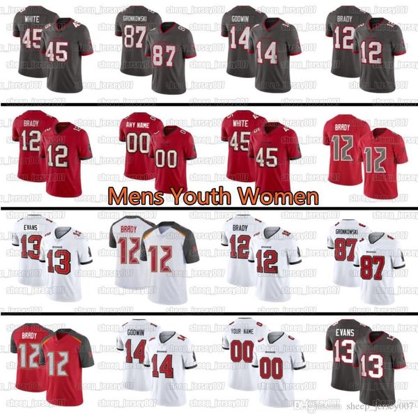 

12 tom brady jersey tampa bay buccaneer 87 rob gronkowski 14 chris godwin 45 devin white 13 mike evans men football, Black;red