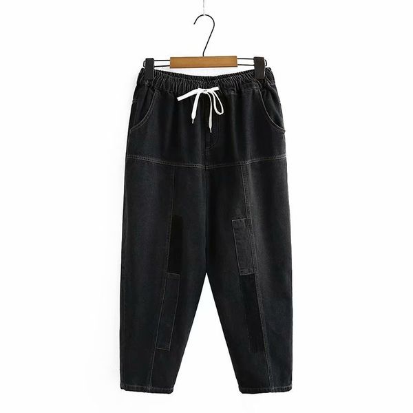 

waistline women's elastic breeches big casual size harem denim long pants 2xl-5xl black leg blue 84vs, Black;white