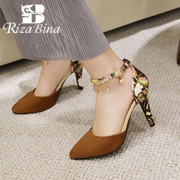 

sandals rizabina size 34-43 women fashion buckle strap chain high heel summer shoes woman party office lady daily footwear, Black