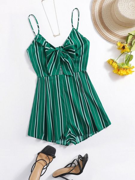 

plus striped print bow front shirred back cami romper n0uu#, Black